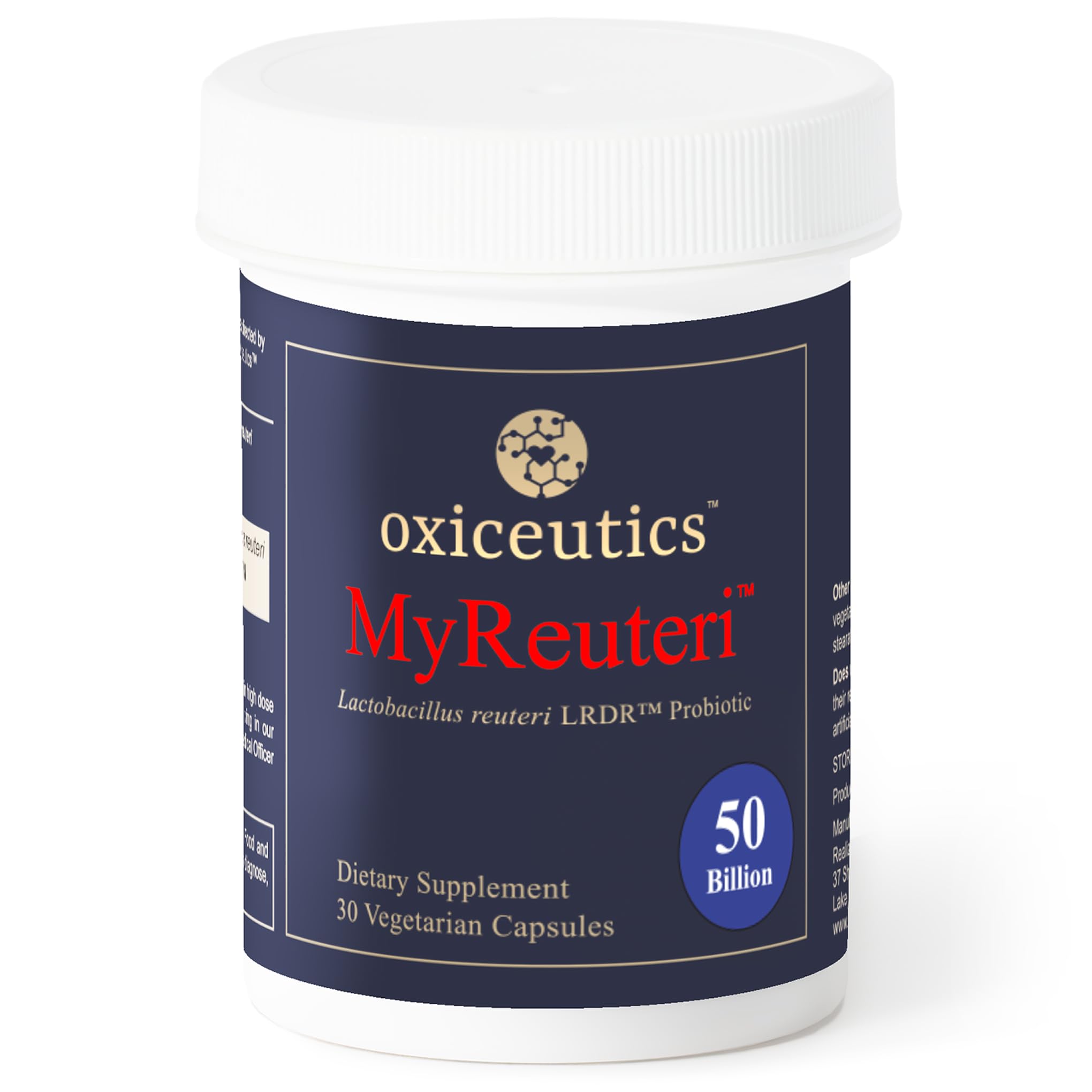 oxiceutics MyReuteri 50B CFU bottle front promotes gut balance and immune support