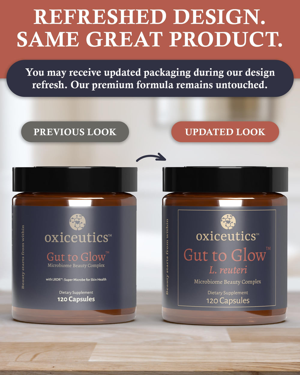 Oxiceutics non-GMO gluten-free dairy-free packaging highlighting routine-friendly formula.