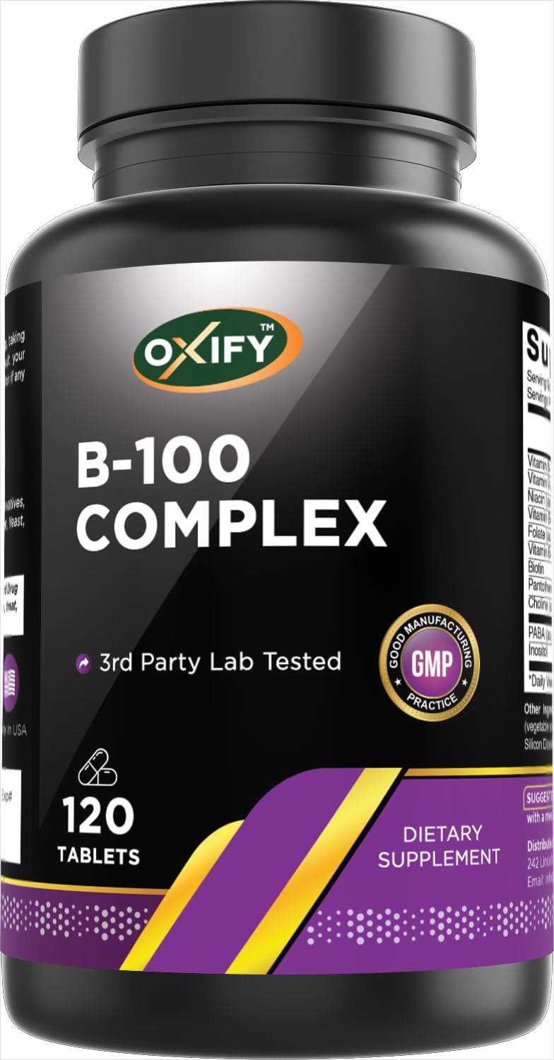 Oxify B-100 Complex bottle front showing a clean, gluten-free formula for daily use.