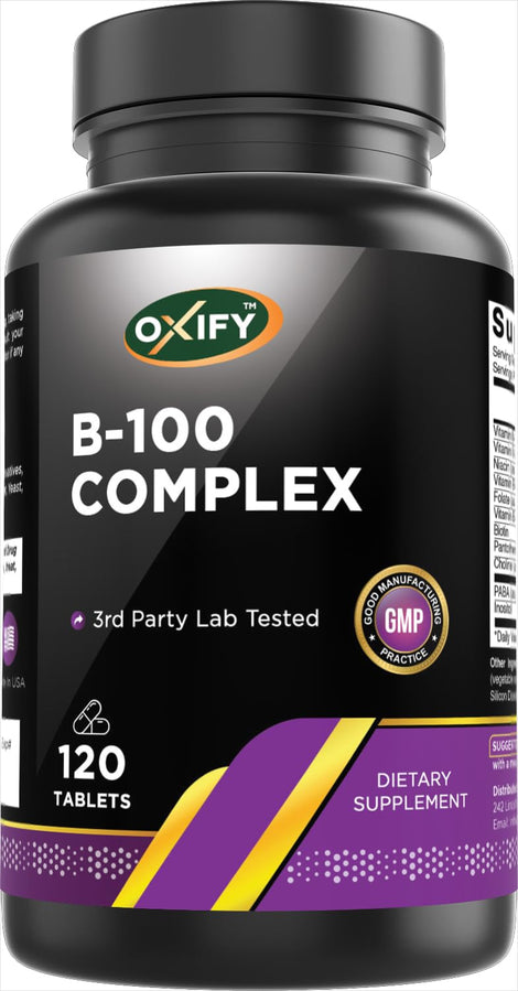 Oxify B-100 Complex bottle front showing a clean, gluten-free formula for daily use.