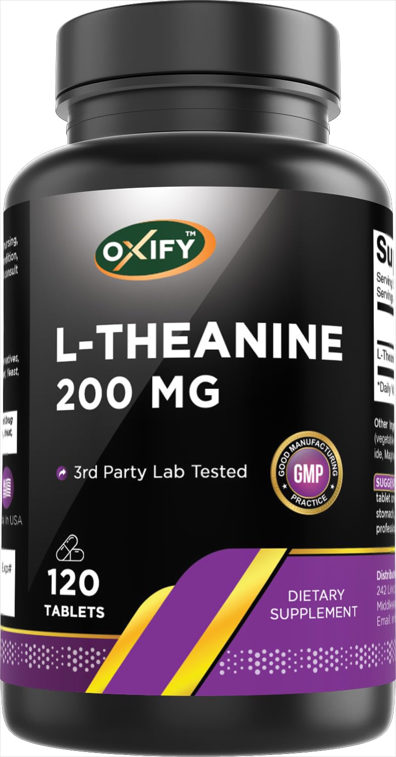 Oxify L-Theanine 200 mg bottle view shows clean label for daily calm support.
