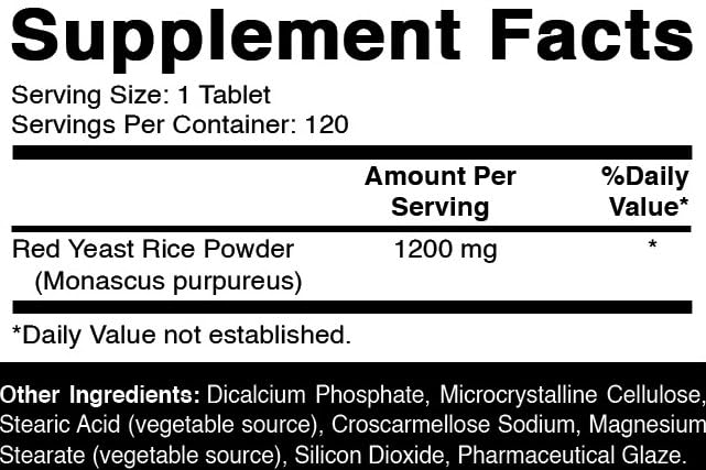 Oxify Red Yeast Rice tablets close-up showing 1200 mg per serving.