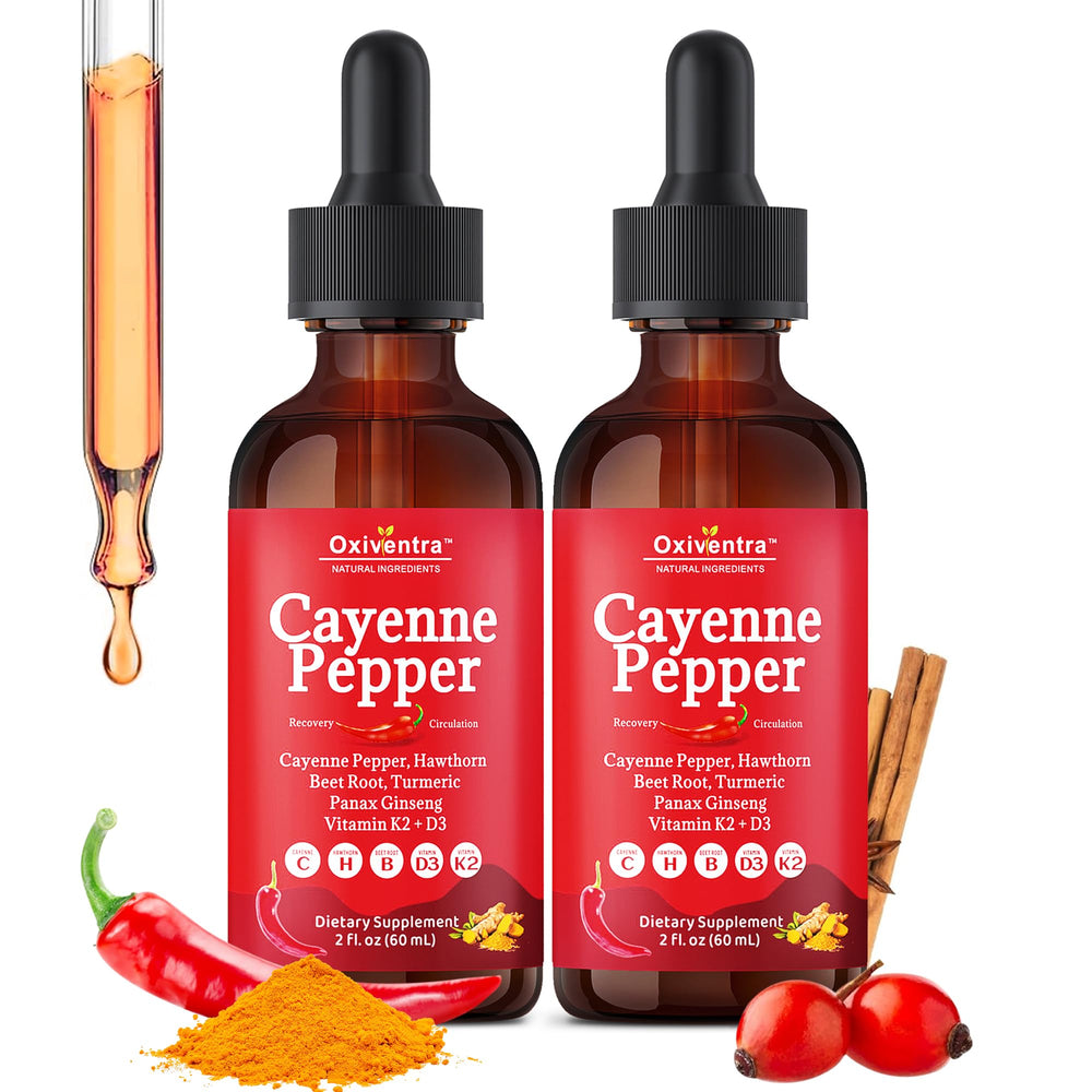 Oxiventra Cayenne Pepper Drops bottle with pour spout for precise dosing