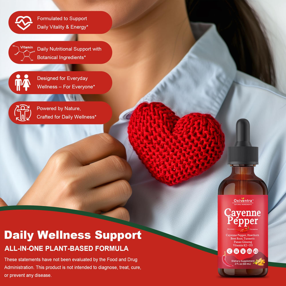 Oxiventra Cayenne Pepper Drops with hawthorn suggests a daily vitality routine
