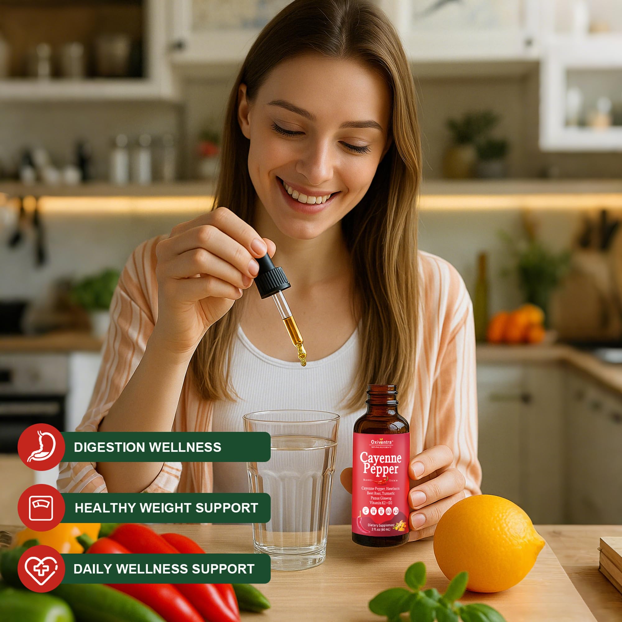 Oxiventra Cayenne Pepper Drops in-tea-cup shown as a gentle morning ritual