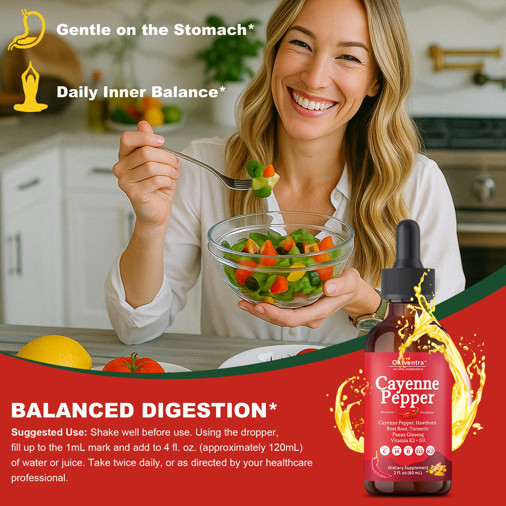 Oxiventra Cayenne Pepper Drops label-ingredients highlight botanicals and vitamins for balanced living