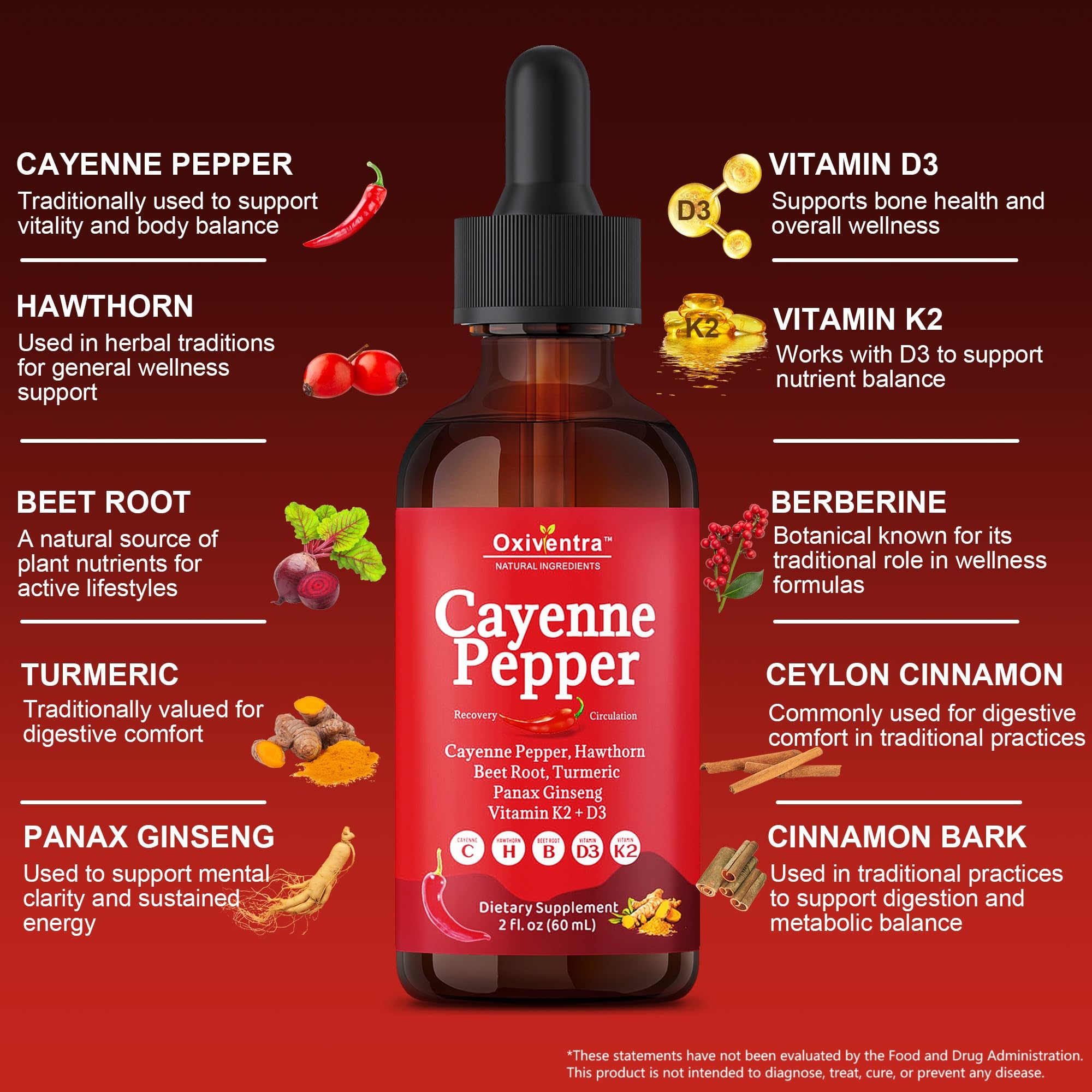 Oxiventra Cayenne Pepper Drops liquid close-up, smooth texture for easy daily use