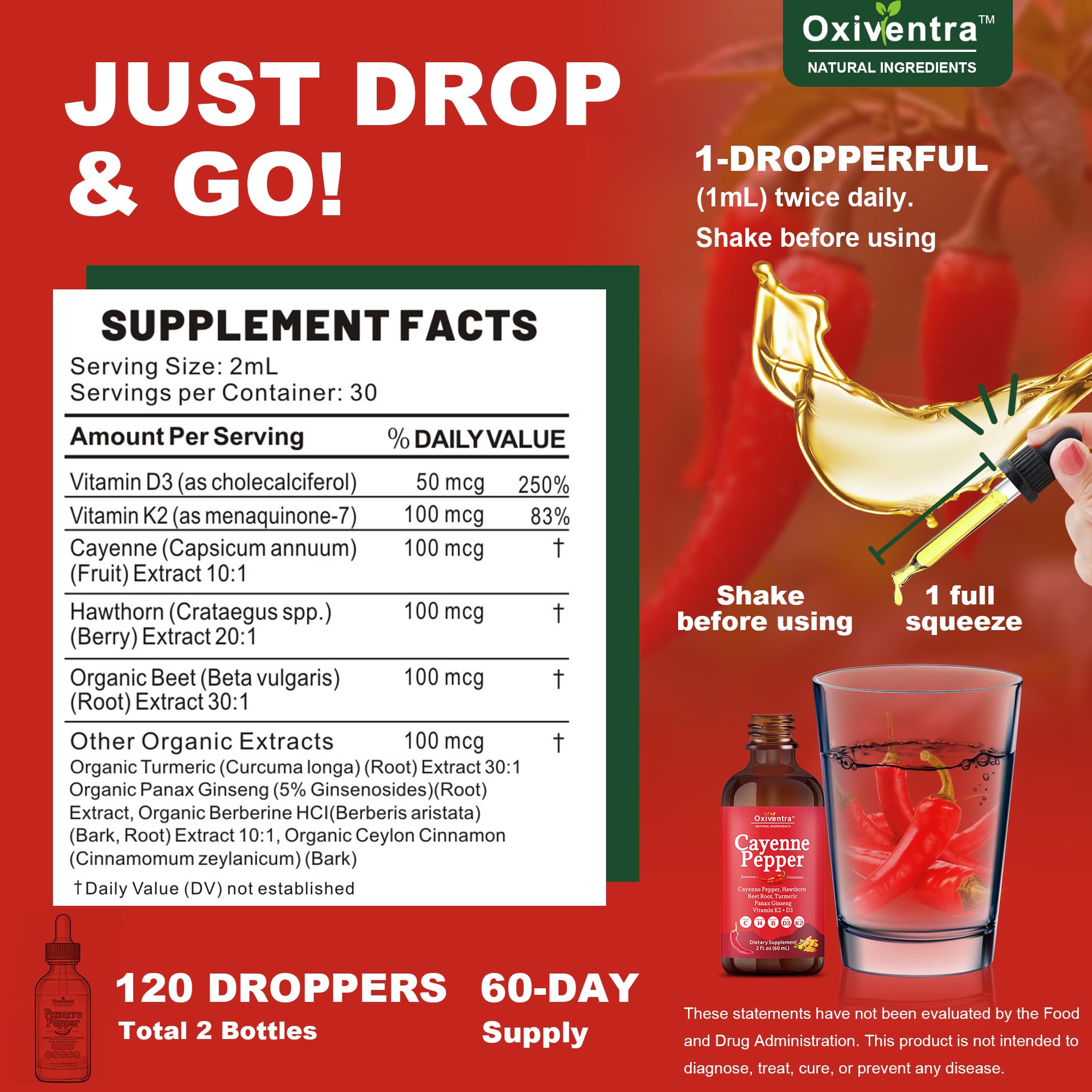 Oxiventra Cayenne Pepper Drops marked dropper enables easy, mess-free measurements