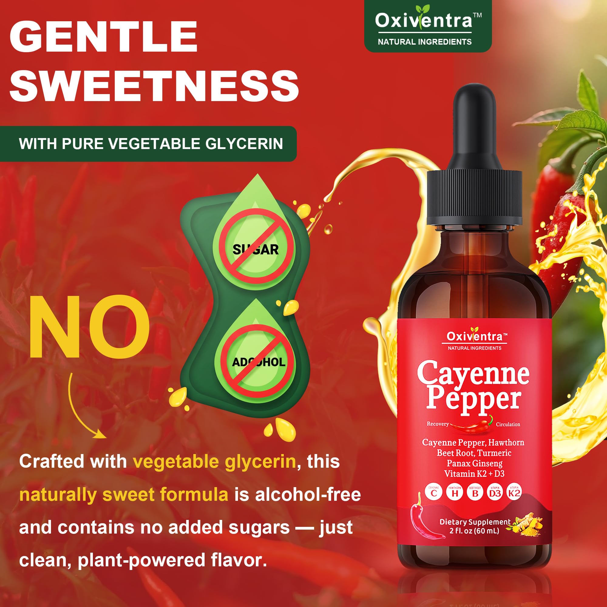 Oxiventra Cayenne Pepper Drops turmeric-curcumin blend close-up for rich spice notes