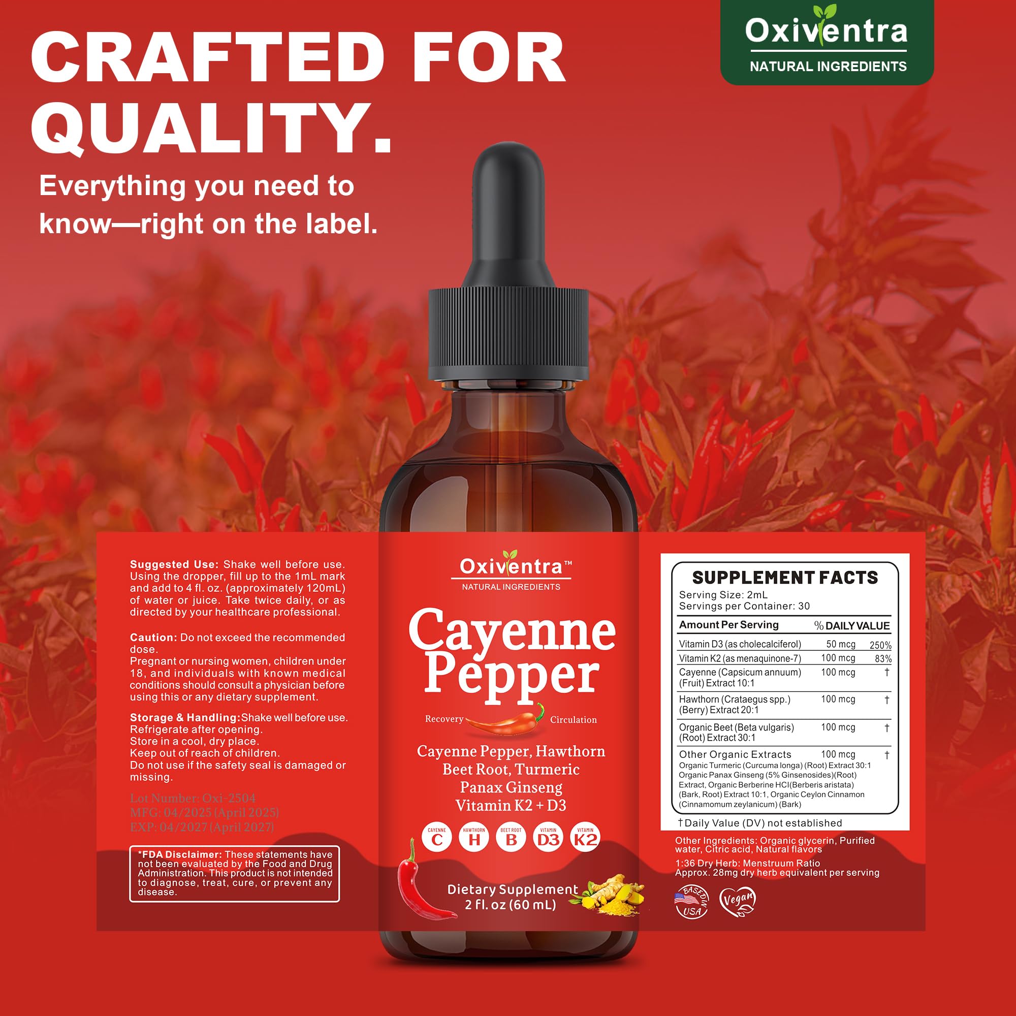 Oxiventra Cayenne Pepper Drops USA-made badge on bottle label