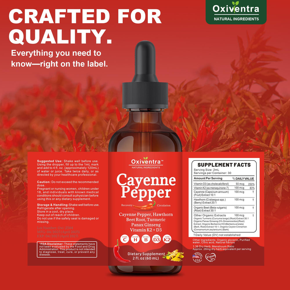 Oxiventra Cayenne Pepper Drops USA-made badge on bottle label