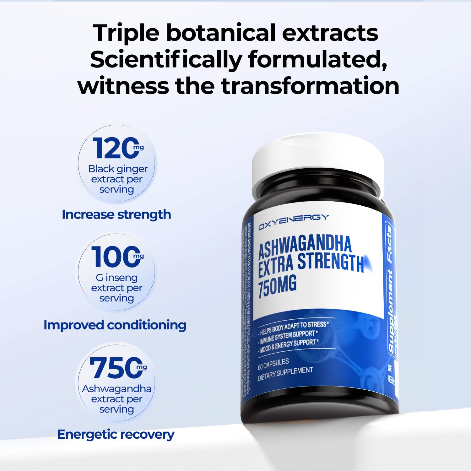 OxyEnergy Ashwagandha 750 mg label highlights potent extract