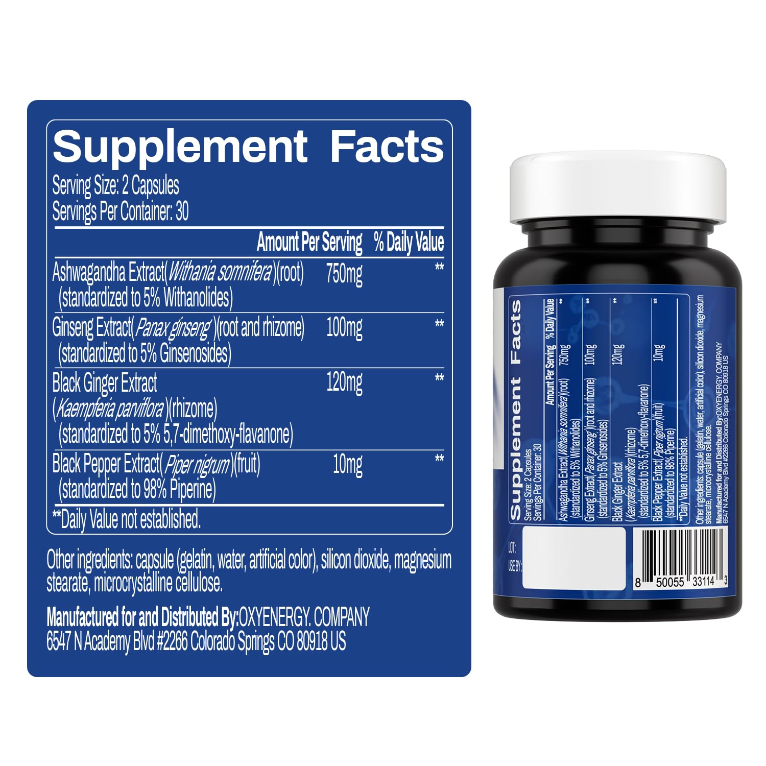 Close-up of OxyEnergy Ashwagandha capsules for steady energy