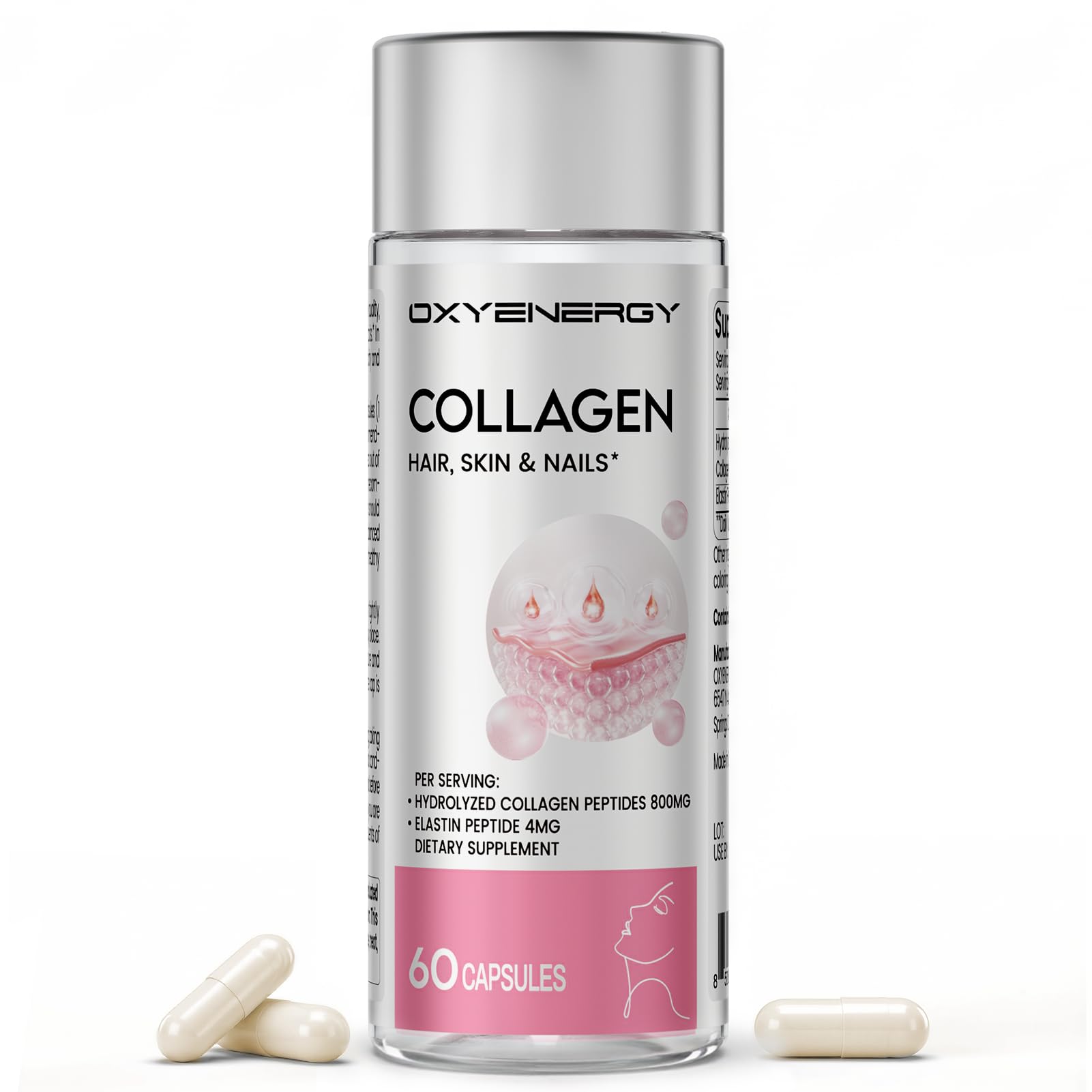 OxyEnergy bottle front showcasing collagen capsules for radiant hair, skin and nails
