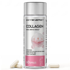 OxyEnergy bottle front showcasing collagen capsules for radiant hair, skin and nails