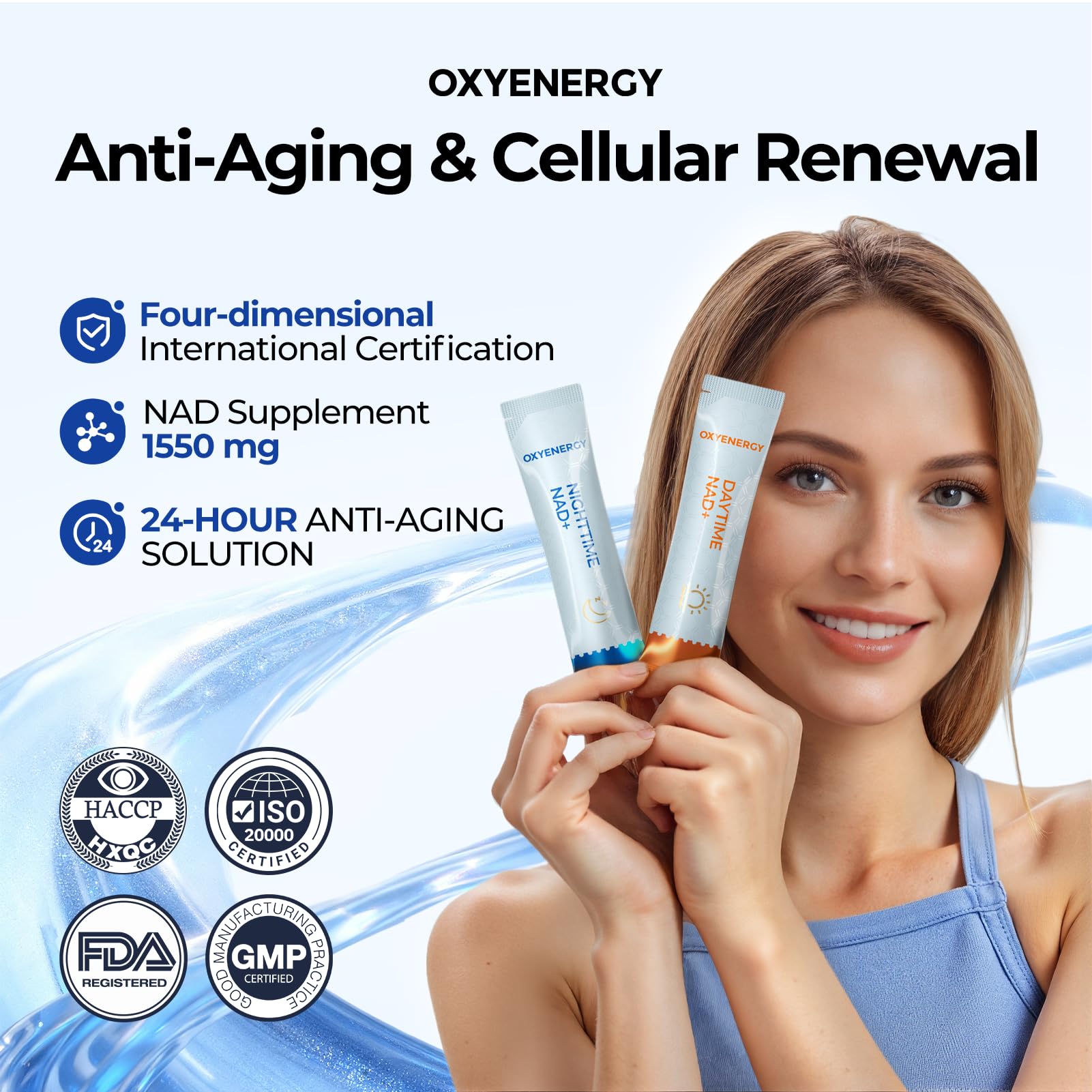 OxyEnergy nighttime stick poured for calm sleep and NAD⁺ renewal.
