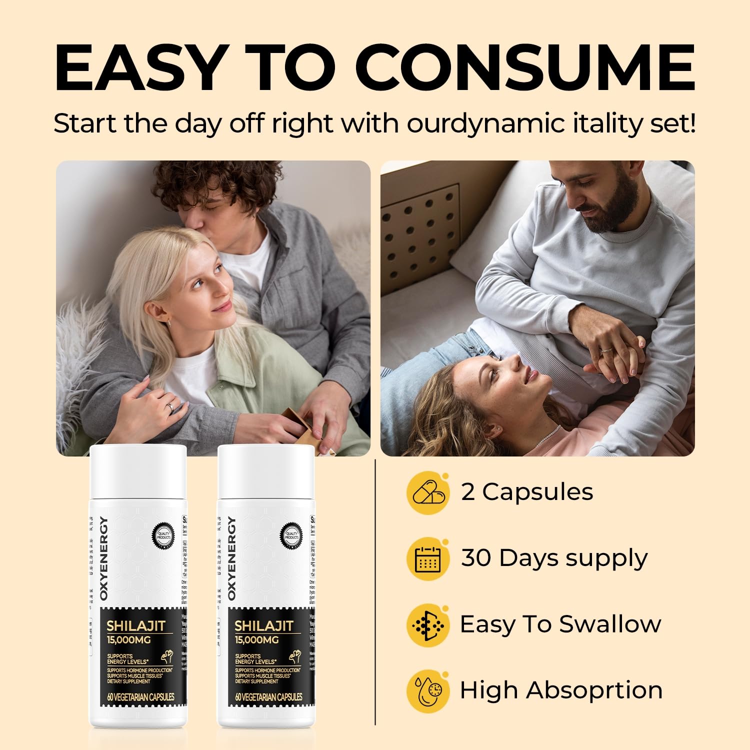 OxyEnergy Shilajit daily-use scene with capsules and glass of water.