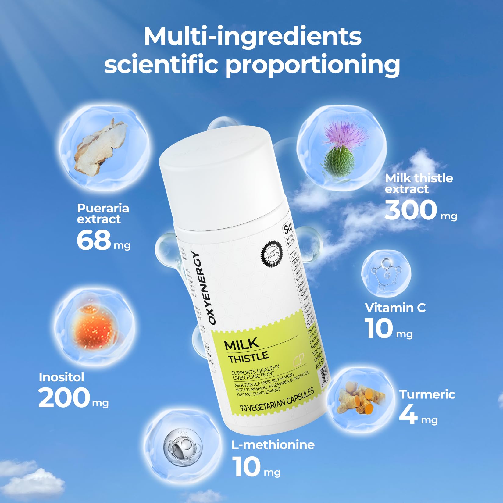 OxyEnergy ingredients panel with Vitamin C, Inositol, and Pueraria for antioxidant synergy.