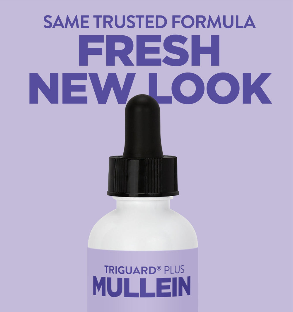 Oxygen Nutrition TriGuard Mullein Plus bottle close-up label shows alcohol-free formulation.