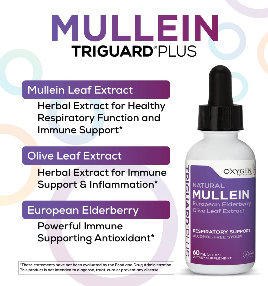 Oxygen Nutrition TriGuard Mullein leaves illustration highlights traditional respiratory support.