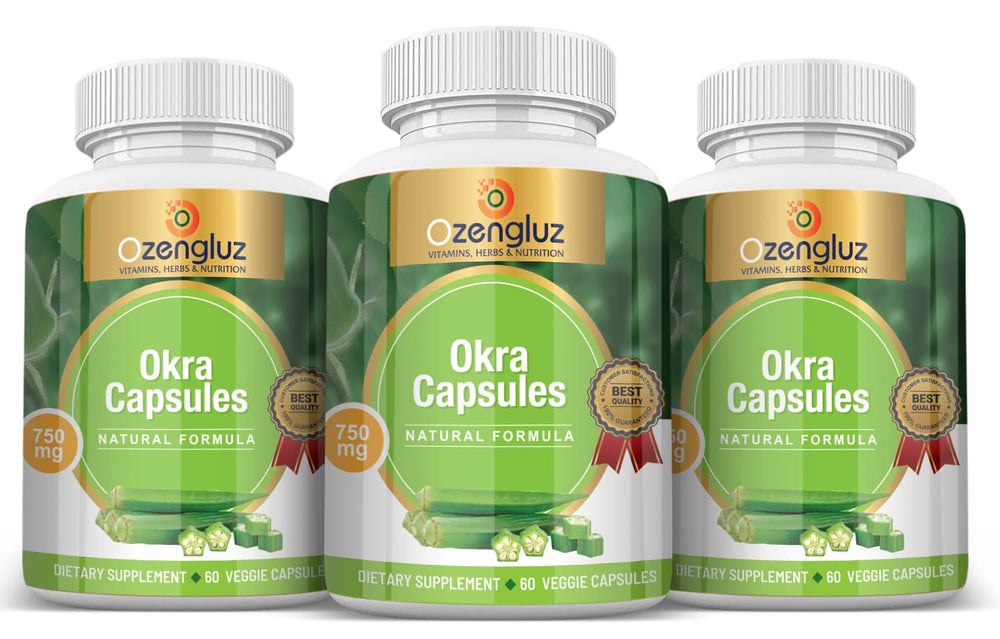 Ozengluz Okra Capsules label emphasizes 60 vegan capsules and USA made quality