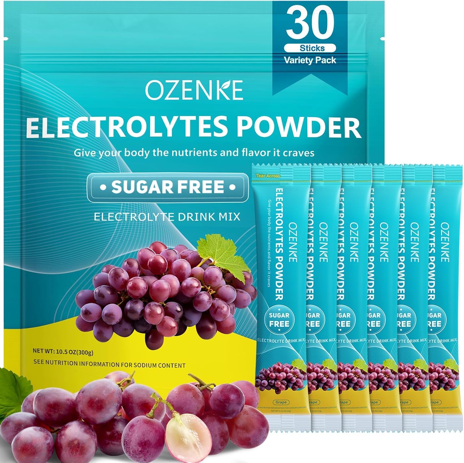 OZENKE Electrolytes grape packet front view highlighting quick hydration