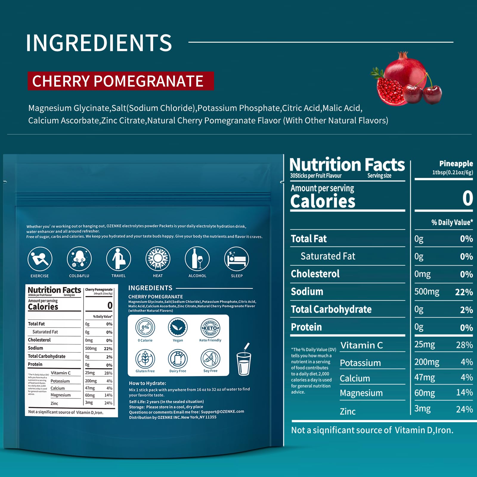 OZENKE electrolytes packets back view showing ingredients and sugar-free formula.