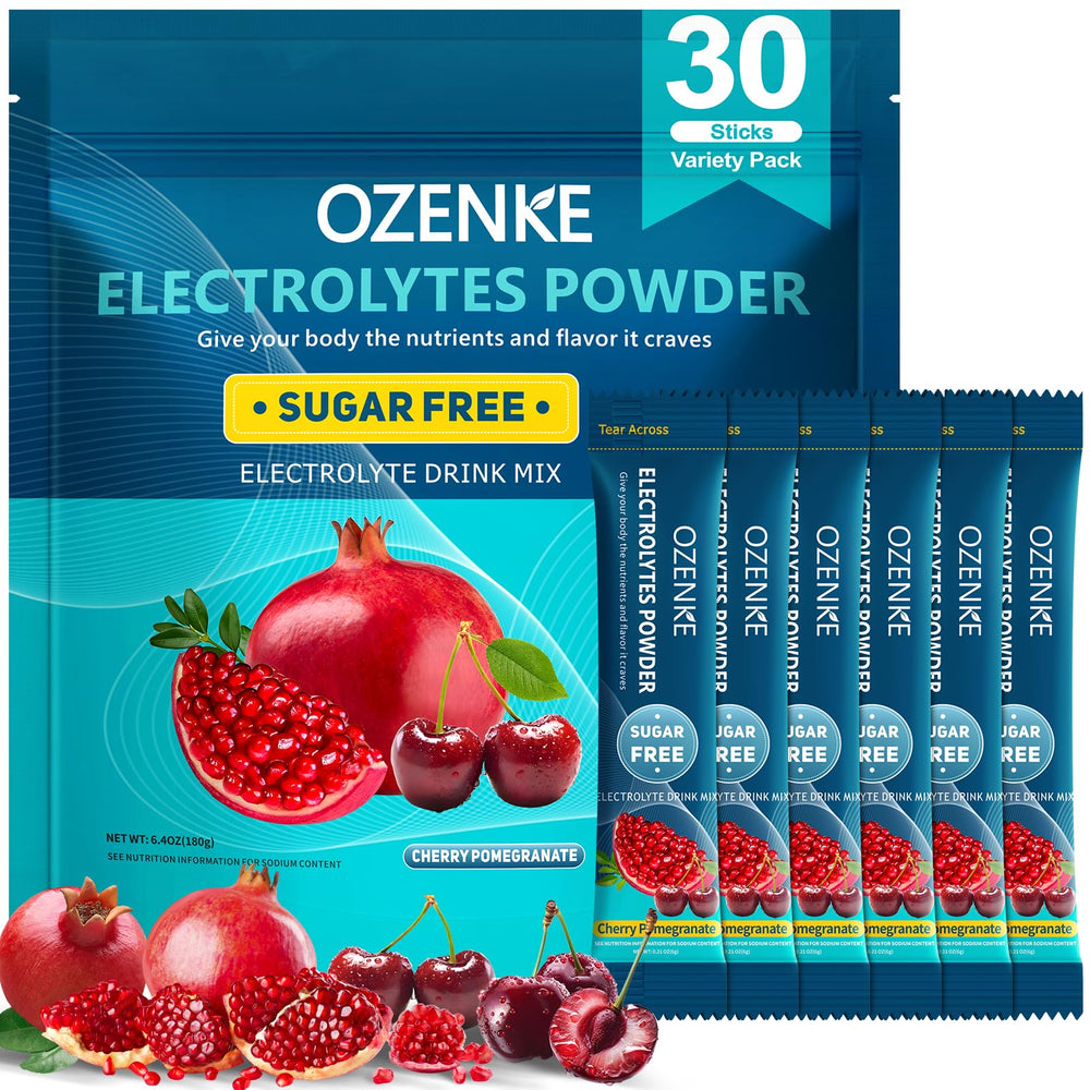 OZENKE electrolytes packet cherry and pomegranate front view for quick hydration.