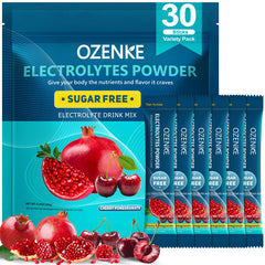OZENKE electrolytes packet cherry and pomegranate front view for quick hydration.