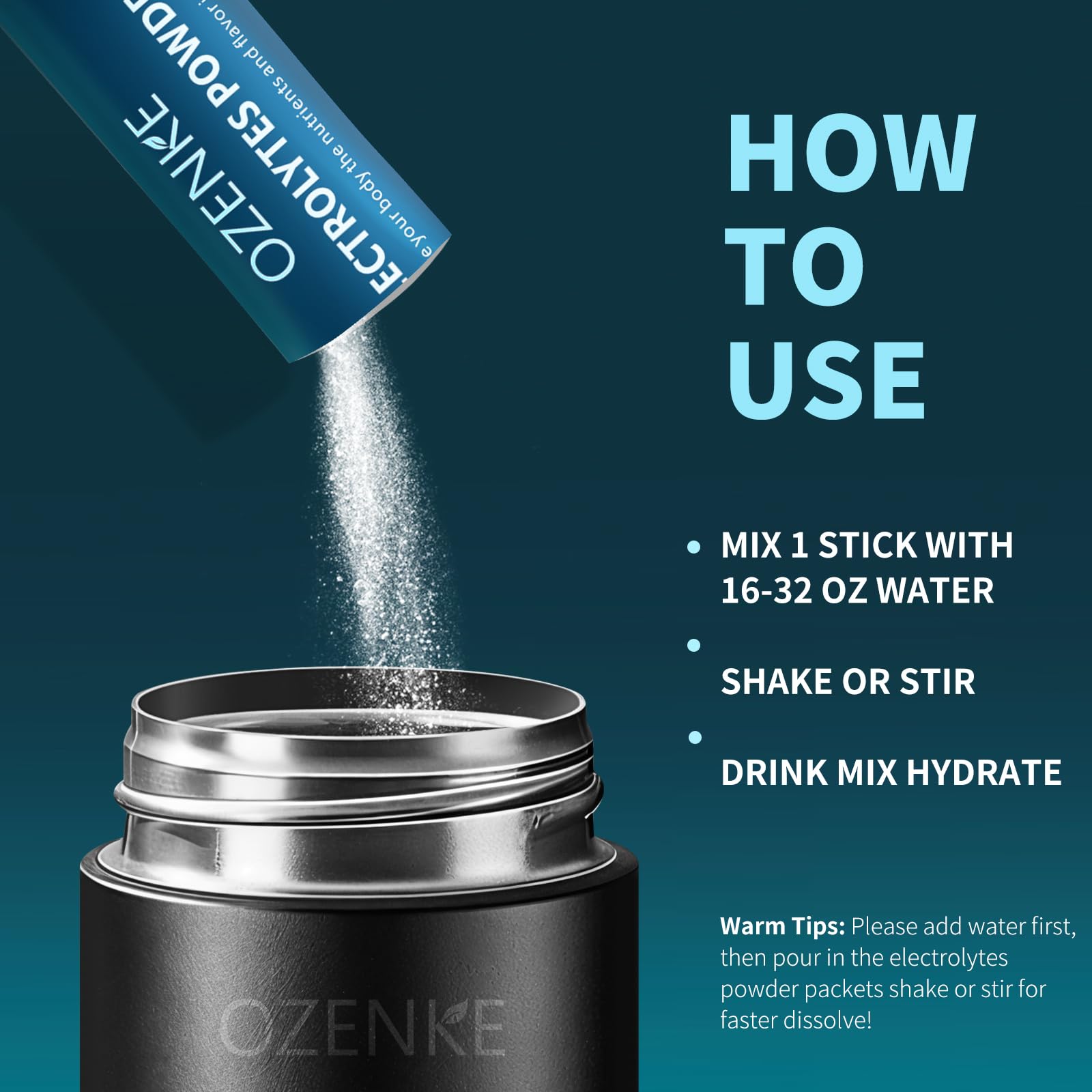 OZENKE electrolyte packet use instructions visual for easy mix.
