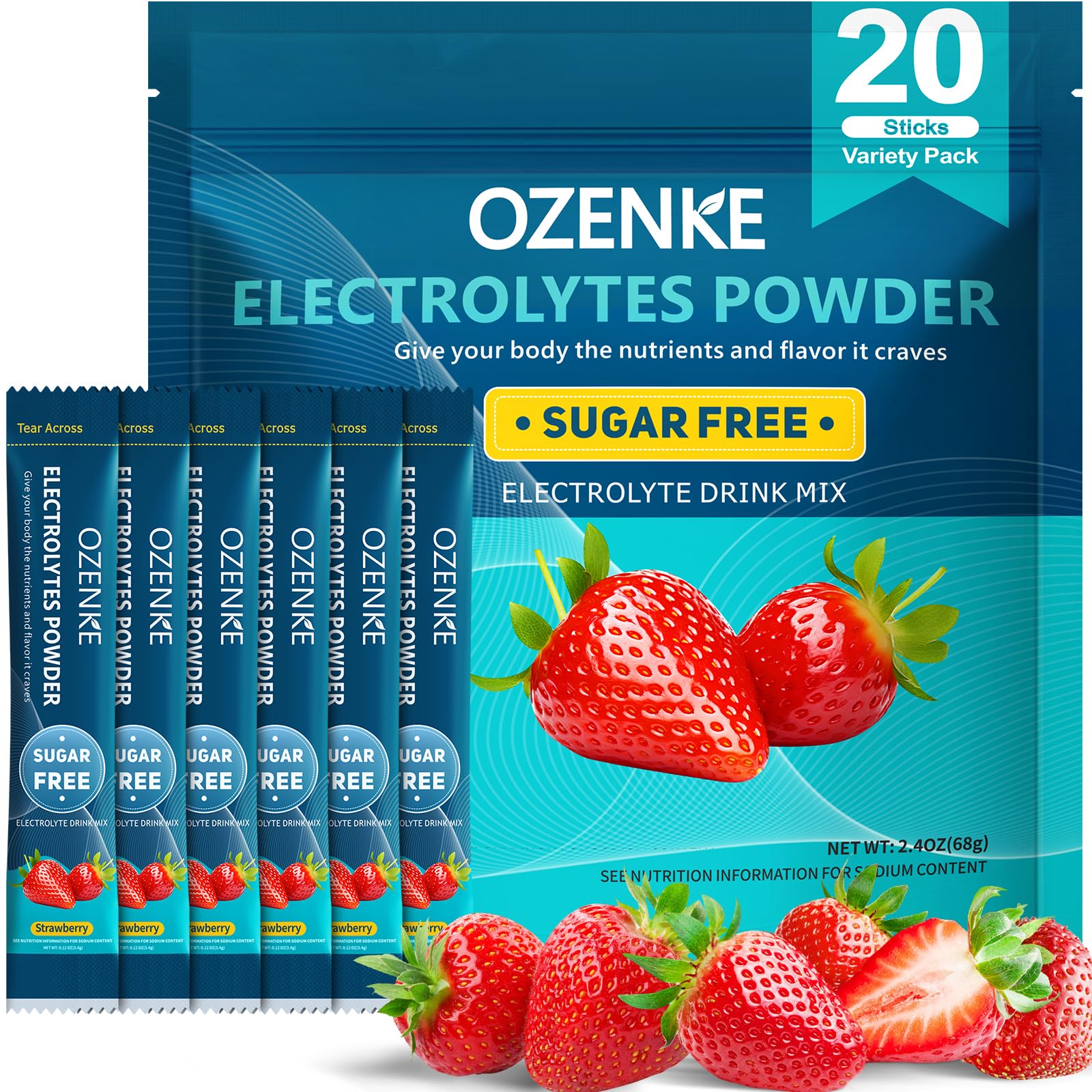 OZENKE strawberry electrolyte package promotes on-the-go hydration without sugar.