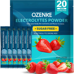 OZENKE strawberry electrolyte package promotes on-the-go hydration without sugar.