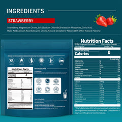 OZENKE strawberry electrolyte packets being poured into water for quick hydration.