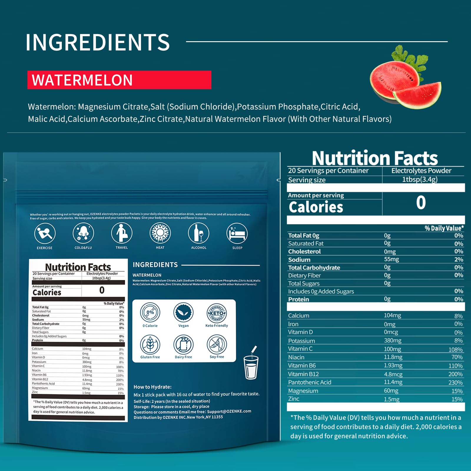 OZENKE watermelon hydration packet dissolving in water for refreshing drink