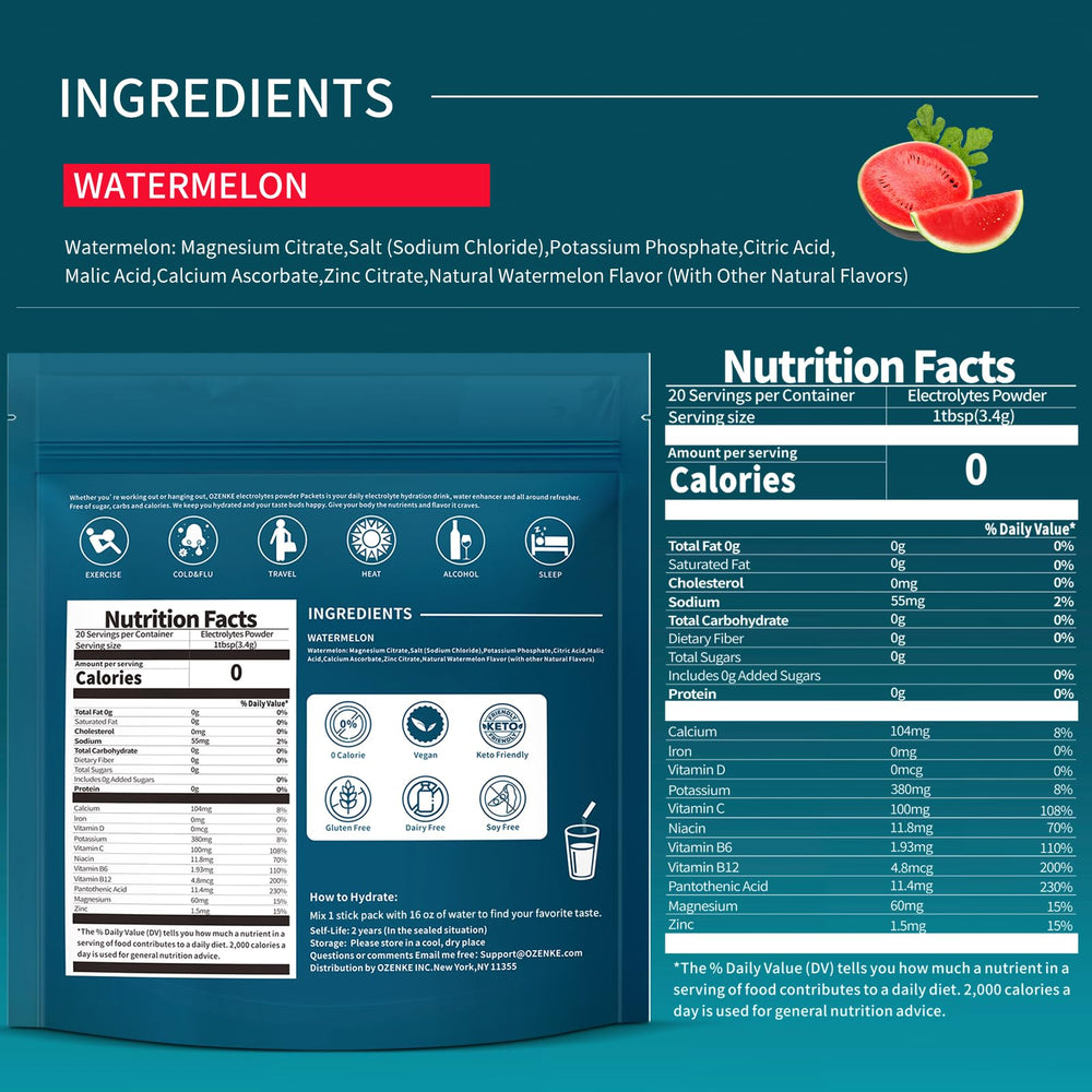 OZENKE watermelon hydration packet dissolving in water for refreshing drink