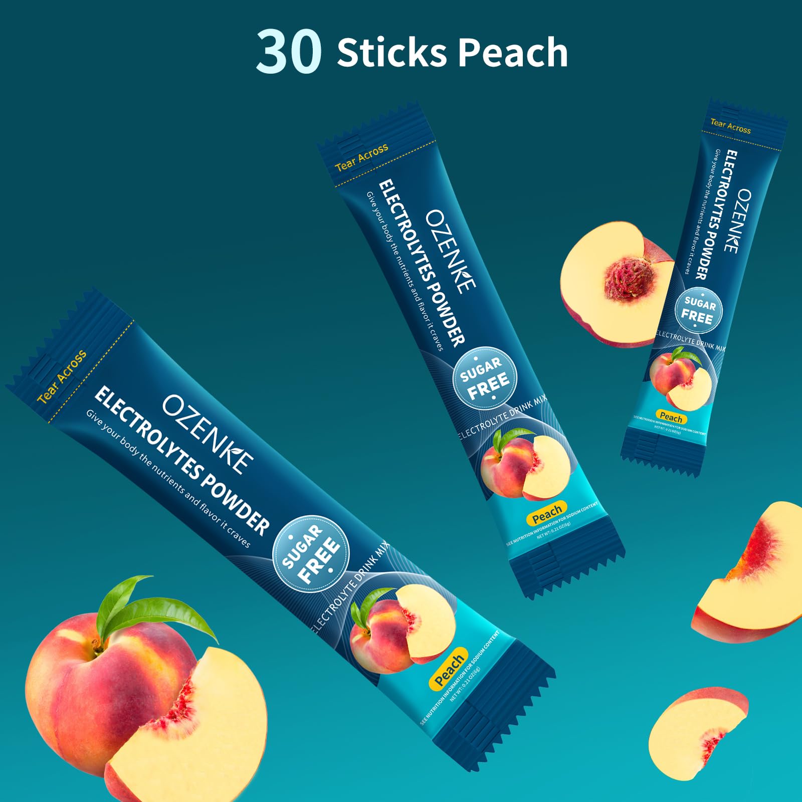 OZENKE Peach dissolving in a glass for a refreshing electrolyte drink