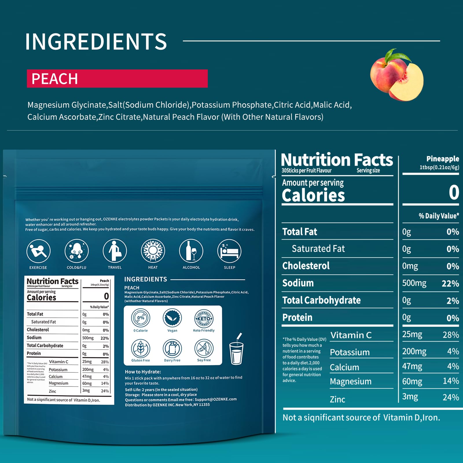OZENKE Peach powder poured into water showing fast hydration after workouts