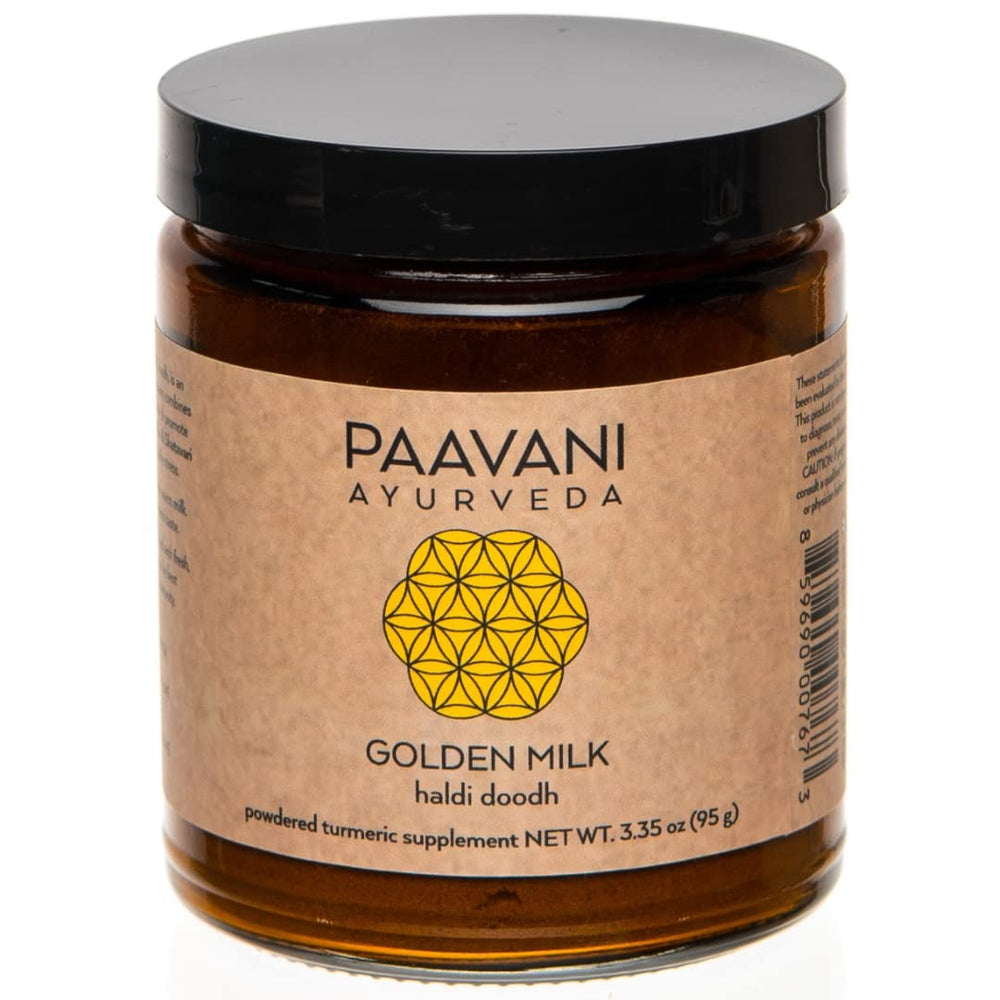 PAAVANI Golden Milk packaging highlights organic turmeric and ashwagandha for a soothing daily routine.