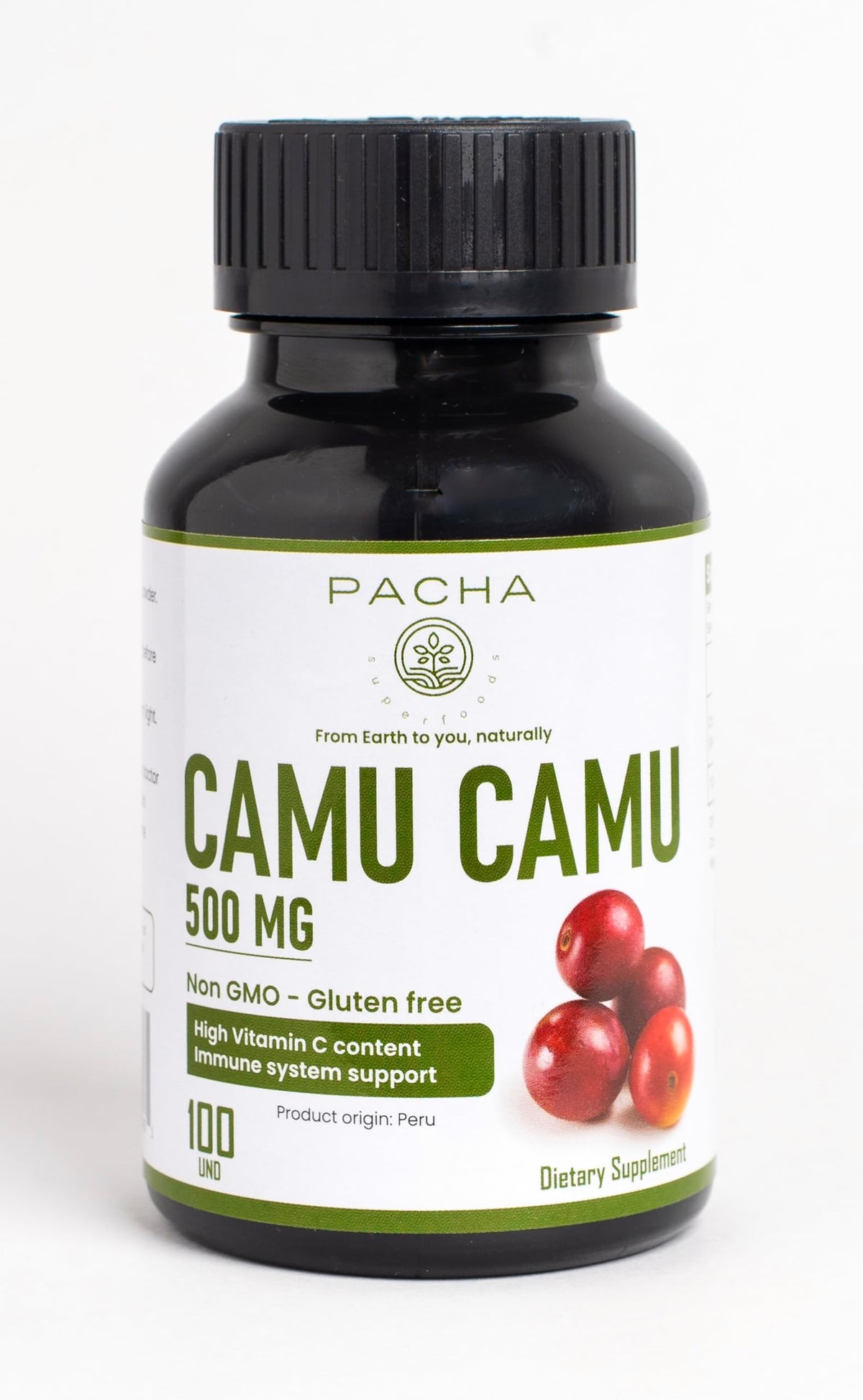 Pacha Camu Camu capsules bottle front highlights a high vitamin C content for daily use