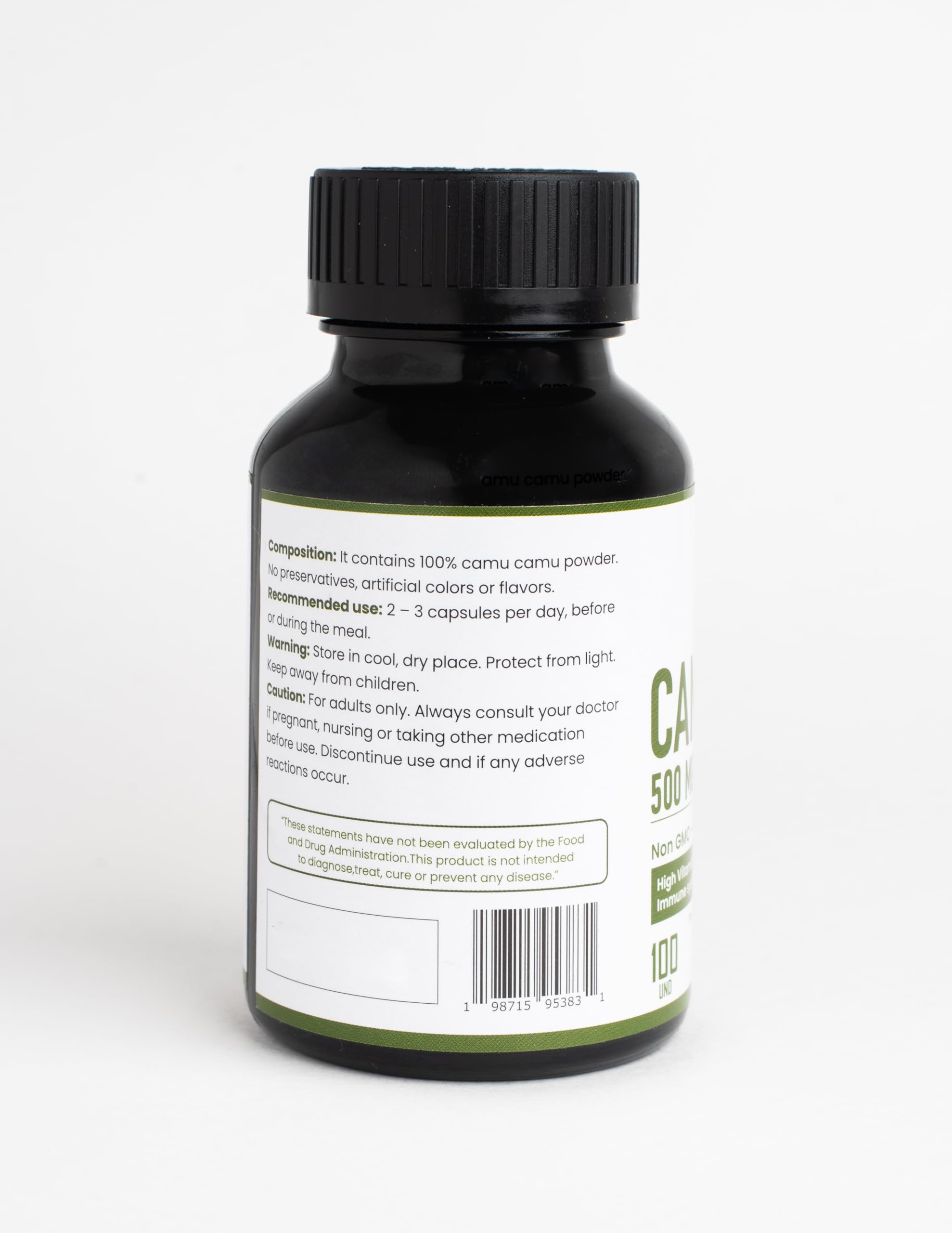 Pacha Camu Camu capsules label Peru origin emphasizes fair trade sourcing and quality