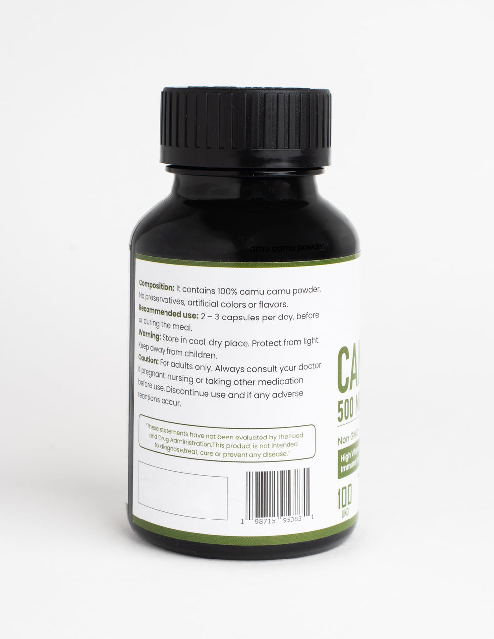 Pacha Camu Camu capsules label Peru origin emphasizes fair trade sourcing and quality