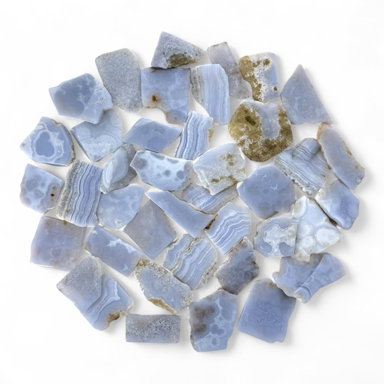 Pachamama Essentials Blue Lace Agate slab 40-55mm promotes calm focus during meditation.