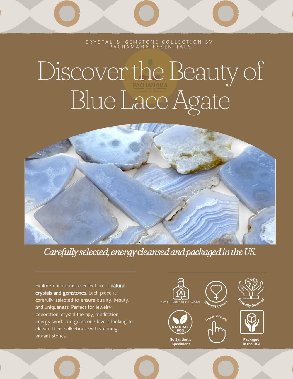 Pachamama Essentials Blue Lace Agate slab closeup highlights gentle banding and soothing energy.