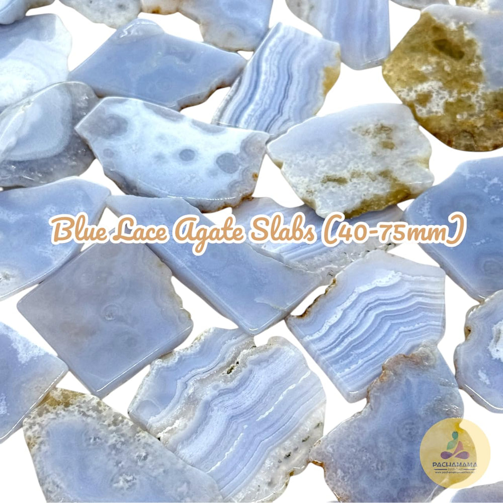 Pachamama Essentials Blue Lace Agate slab in hand illustrates portable serenity for speaking engagements.