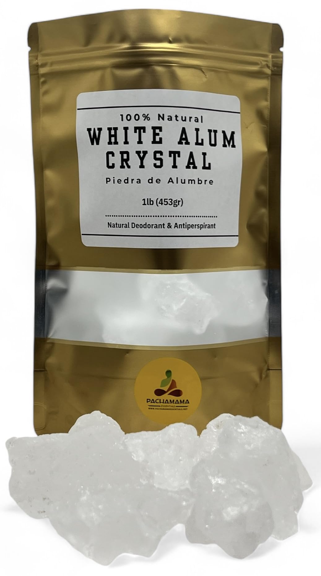 Pachamama Essentials alum stone 1lb on white background, natural deodorant option
