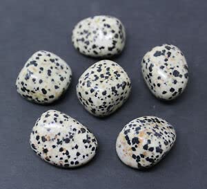 Pachamama Essentials Dalmatian Jasper tumbled stone beside a sleeping pet to soothe nerves.