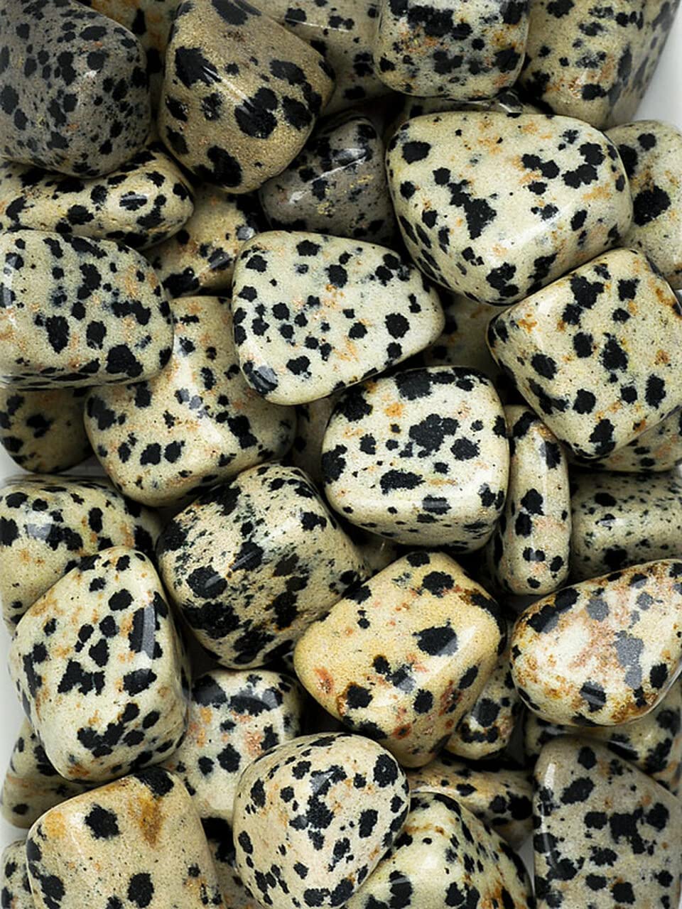 Pachamama Essentials Dalmatian Jasper tumbled stone on desk to enhance focus and calm.