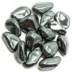 Close-up of Pachamama Essentials hematite tumbled stone texture.