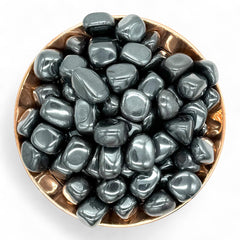 Pachamama Essentials hematite tumbled stone aiding stress relief.