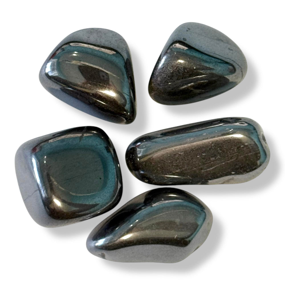 Pachamama Essentials hematite tumbled stone set for grounding and balance.